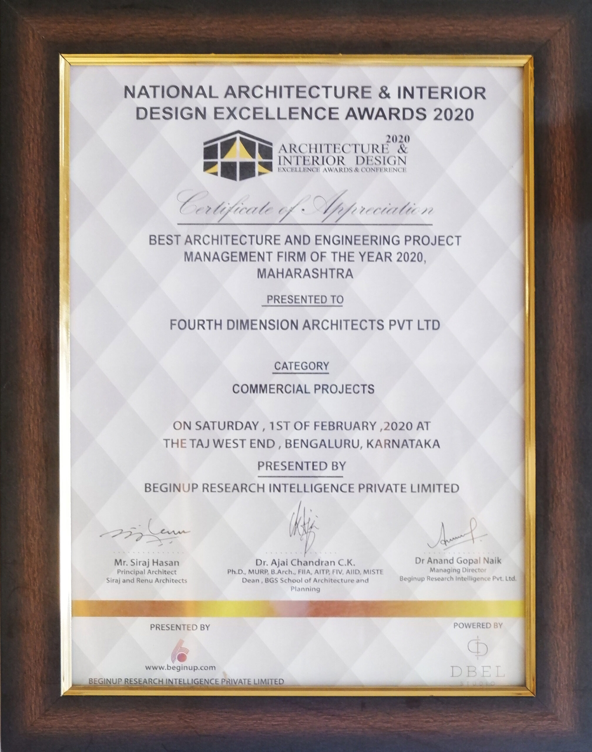 Architecture and Interior Design Excellence Awards Certificate
